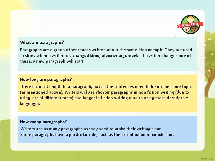 What are paragraphs? Paragraphs are a group of sentences written about the same idea What are paragraphs? Paragraphs are a group of sentences written about the same idea
