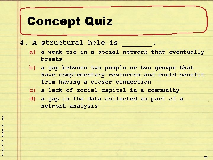 Concept Quiz 4. A structural hole is _______. © 2011 W. W. Norton Co.