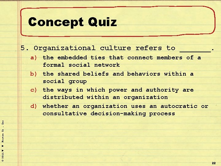 Concept Quiz 5. Organizational culture refers to _______. © 2011 W. W. Norton Co.