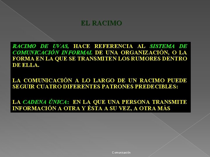 EL RACIMO DE UVAS, HACE REFERENCIA AL SISTEMA DE COMUNICACIÓN INFORMAL DE UNA ORGANIZACIÓN,