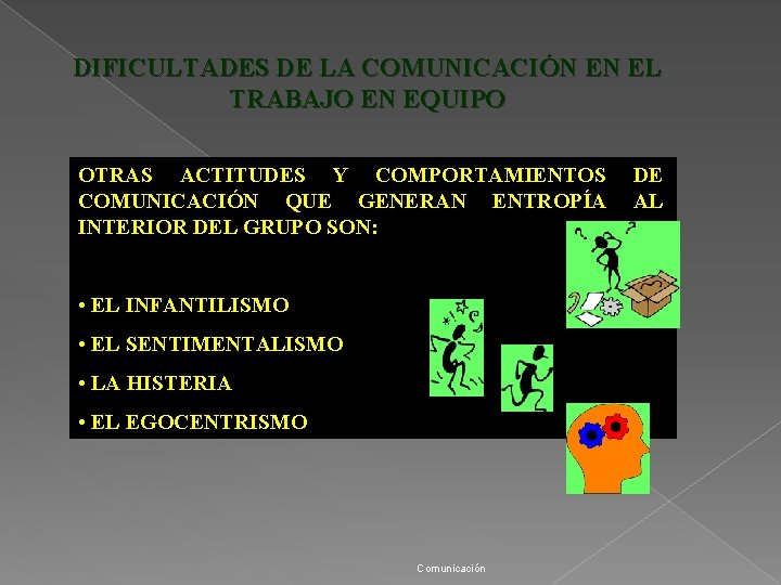 DIFICULTADES DE LA COMUNICACIÓN EN EL TRABAJO EN EQUIPO OTRAS ACTITUDES Y COMPORTAMIENTOS COMUNICACIÓN