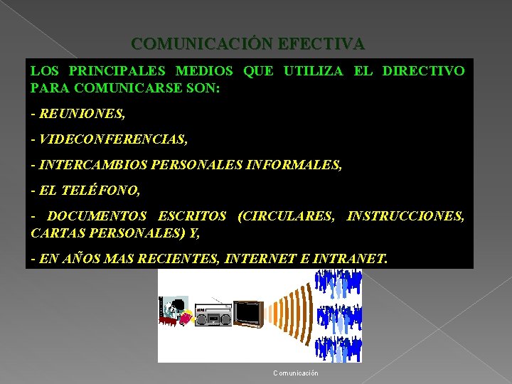 COMUNICACIÓN EFECTIVA LOS PRINCIPALES MEDIOS QUE UTILIZA EL DIRECTIVO PARA COMUNICARSE SON: - REUNIONES,