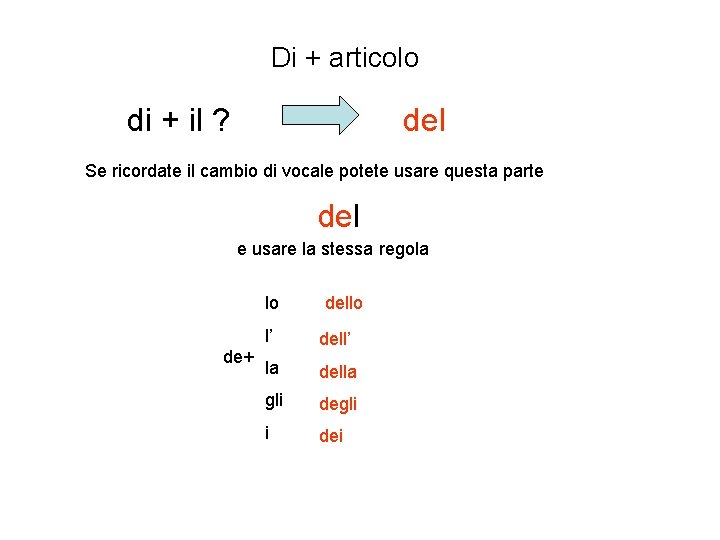 Di + articolo di + il ? del Se ricordate il cambio di vocale