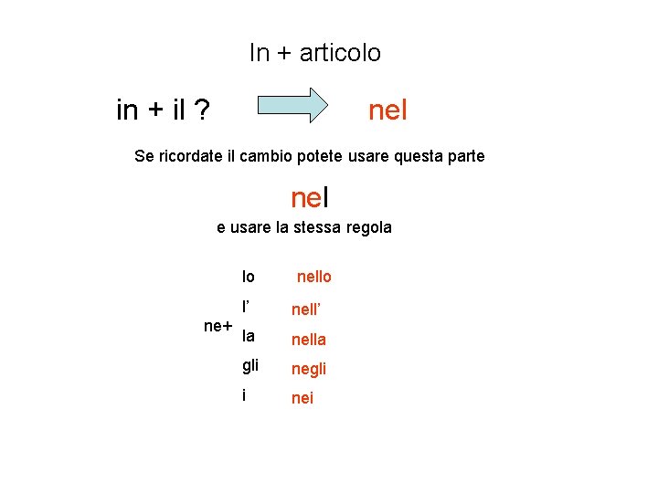 In + articolo in + il ? nel Se ricordate il cambio potete usare