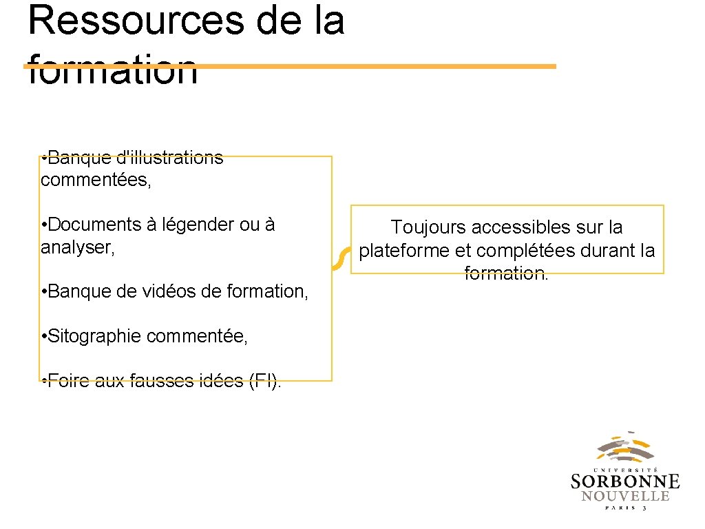 Ressources de la formation • Banque d'illustrations commentées, • Documents à légender ou à