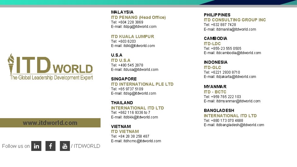 MALAYSIA ITD PENANG (Head Office) Tel: +604 228 3869 E-mail: itdpg@itdworld. com ITD KUALA