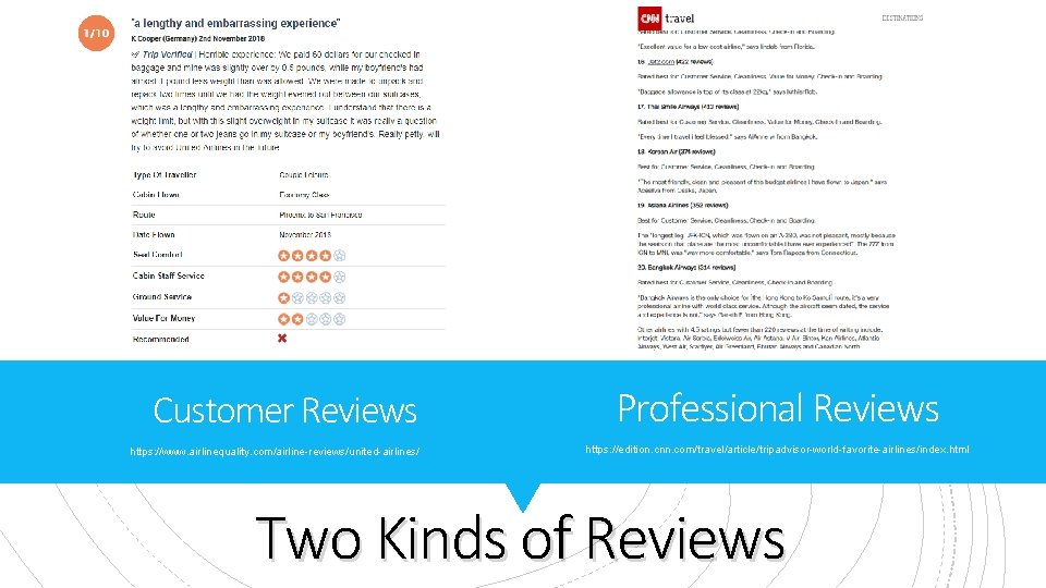 Customer Reviews https: //www. airlinequality. com/airline-reviews/united-airlines/ Professional Reviews https: //edition. cnn. com/travel/article/tripadvisor-world-favorite-airlines/index. html Two