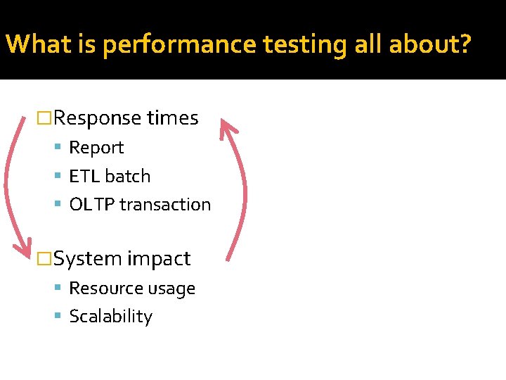What is performance testing all about? �Response times Report ETL batch OLTP transaction �System