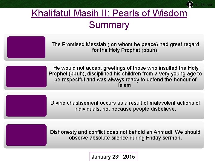 Khalifatul Masih II: Pearls of Wisdom Summary The Promised Messiah ( on whom be