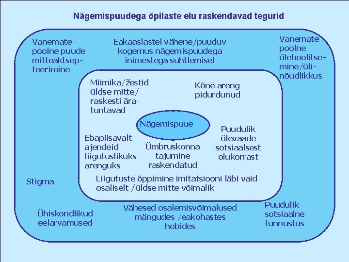 Nägemispuudega õpilaste elu raskendavad tegurid Vanematepoolne puude mitteaktsepteerimine Eakaaslastel vähene/puuduv kogemus nägemispuudega inimestega suhtlemisel