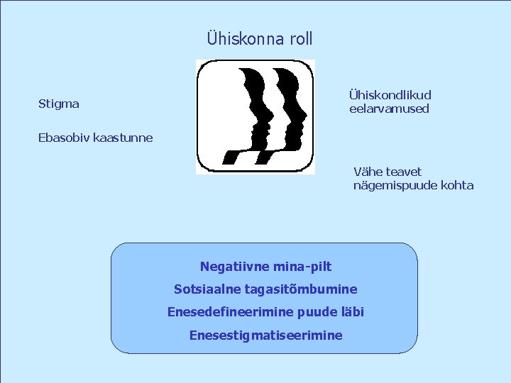 Ühiskonna roll Ühiskondlikud eelarvamused Stigma Ebasobiv kaastunne Vähe teavet nägemispuude kohta Negatiivne mina-pilt Sotsiaalne