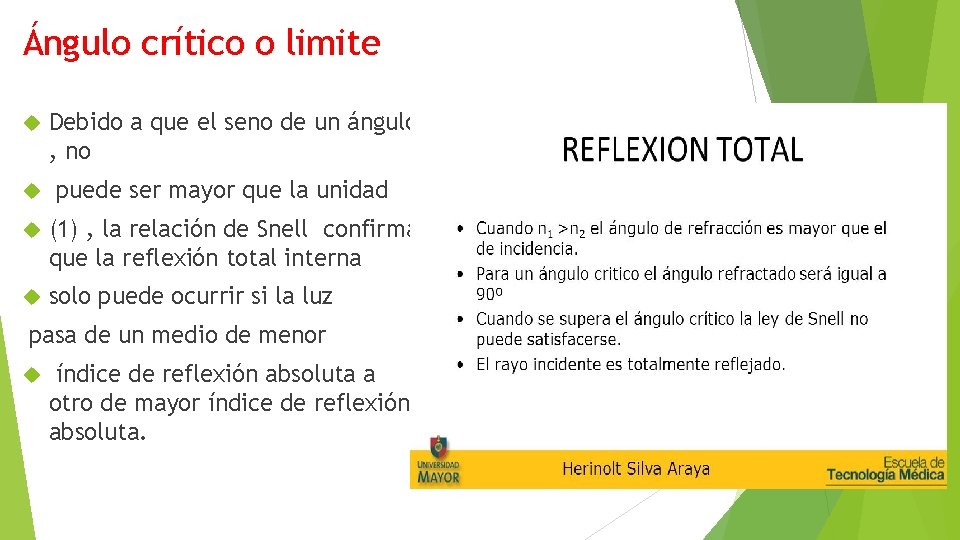 Ángulo crítico o limite Debido a que el seno de un ángulo , no
