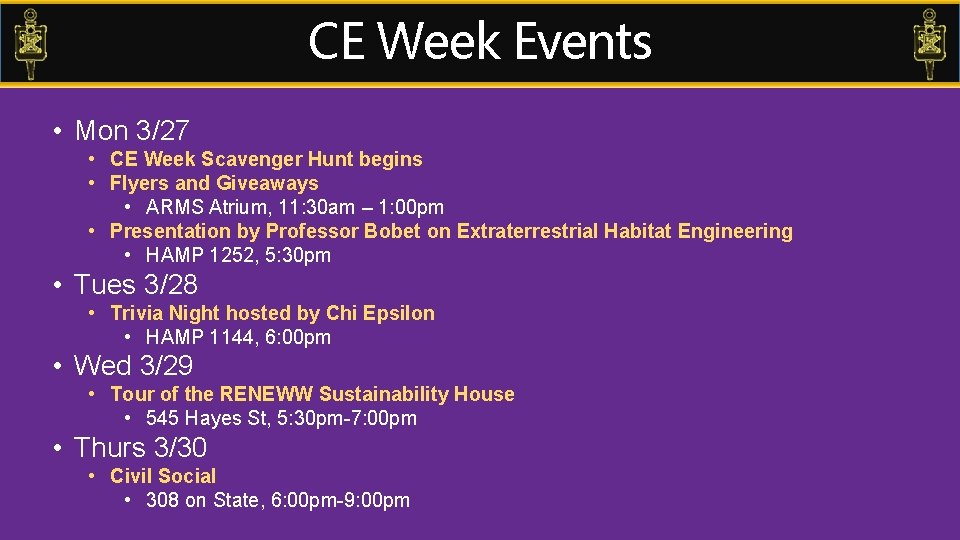 CE Week Events • Mon 3/27 • CE Week Scavenger Hunt begins • Flyers