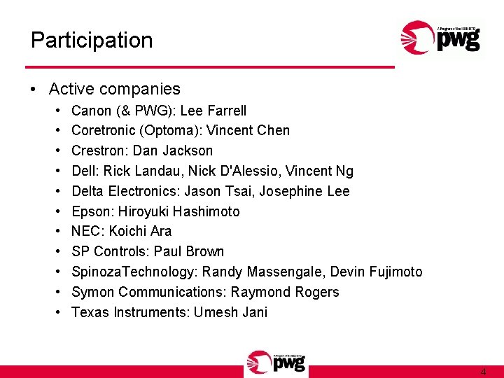 Participation • Active companies • • • Canon (& PWG): Lee Farrell Coretronic (Optoma):