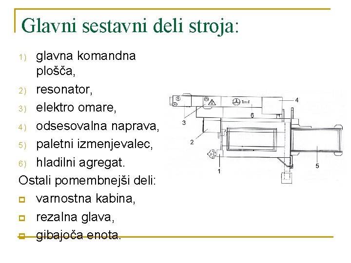 Glavni sestavni deli stroja: glavna komandna plošča, 2) resonator, 3) elektro omare, 4) odsesovalna