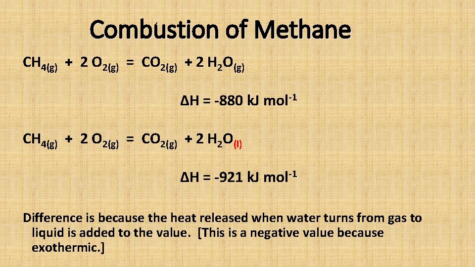 Combustion of Methane CH 4(g) + 2 O 2(g) = CO 2(g) + 2