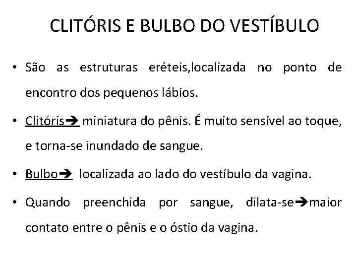 CLITÓRIS E BULBO DO VESTÍBULO • São as estruturas eréteis, localizada no ponto de