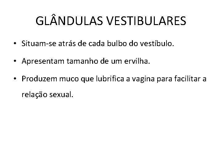 GL NDULAS VESTIBULARES • Situam-se atrás de cada bulbo do vestíbulo. • Apresentam tamanho