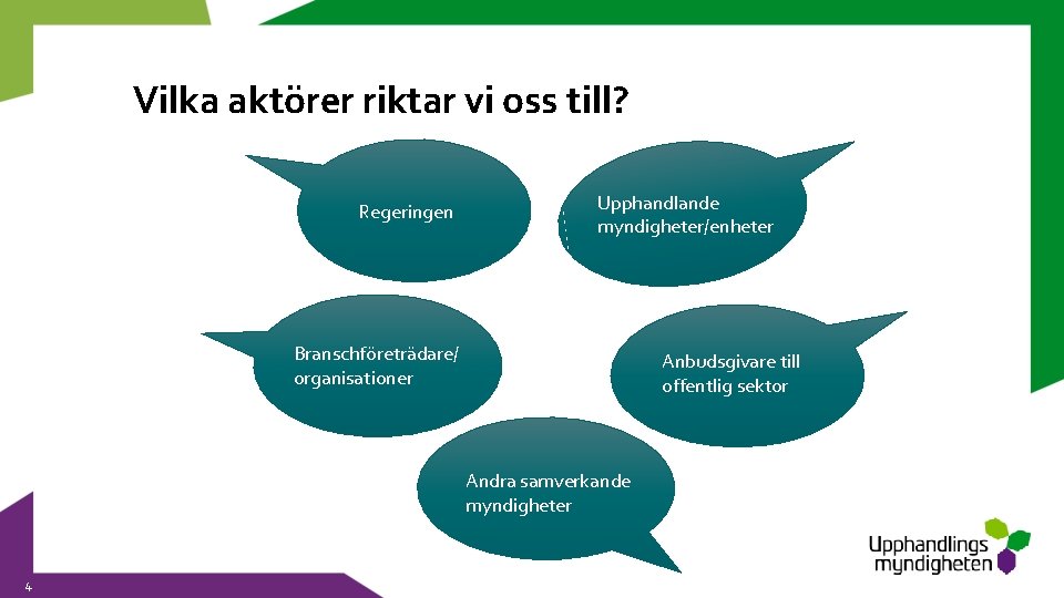 Vilka aktörer riktar vi oss till? Regeringen Upphandlande myndigheter/enheter Branschföreträdare/ organisationer Anbudsgivare till offentlig