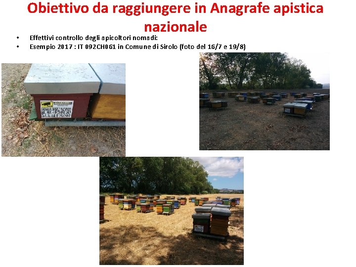  • • Obiettivo da raggiungere in Anagrafe apistica nazionale Effettivi controllo degli apicoltori