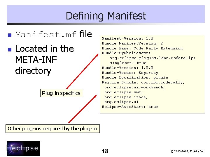 Defining Manifest n n Manifest. mf file Located in the META-INF directory Plug-in specifics