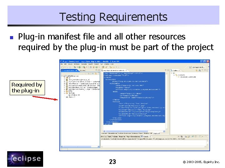 Testing Requirements n Plug-in manifest file and all other resources required by the plug-in