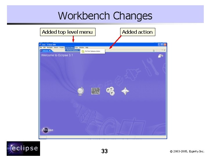 Workbench Changes Added top level menu Added action 33 © 2003 -2005, Espirity Inc.