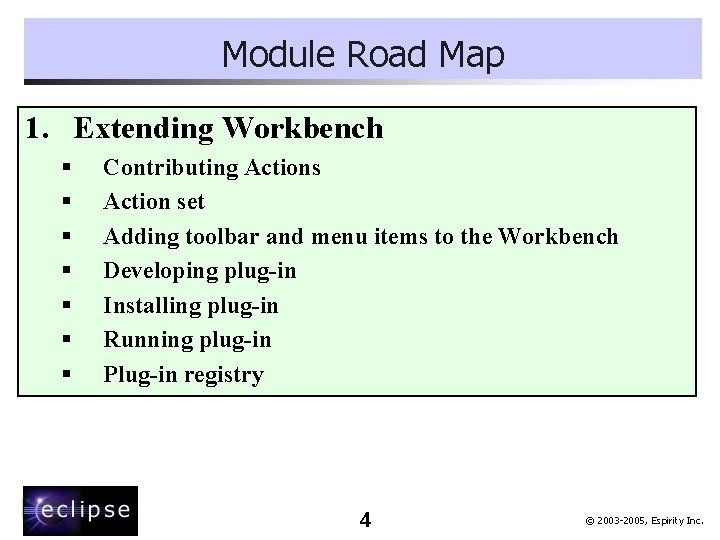 Module Road Map 1. Extending Workbench § § § § Contributing Actions Action set