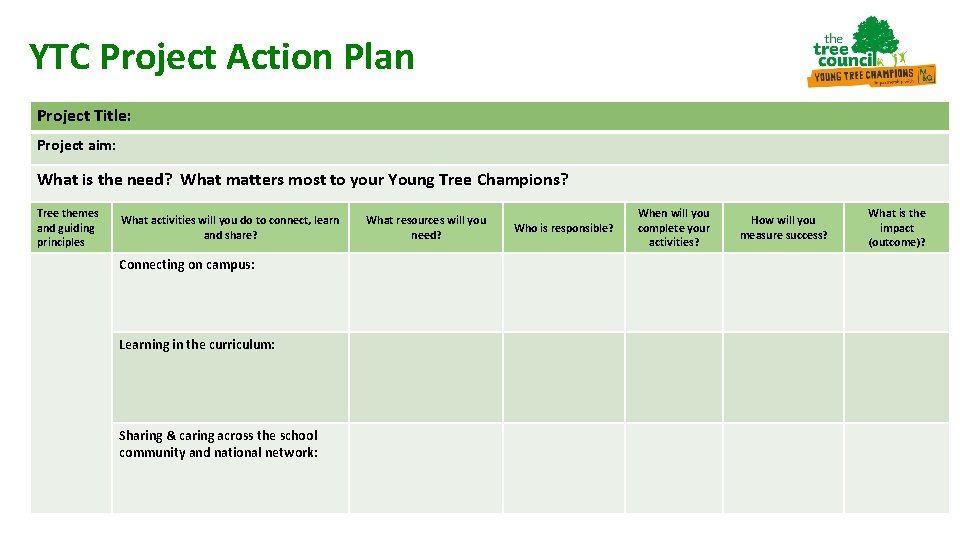 YTC Project Action Plan Project Title: Project aim: What is the need? What matters