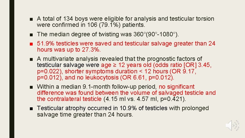 ■ A total of 134 boys were eligible for analysis and testicular torsion were