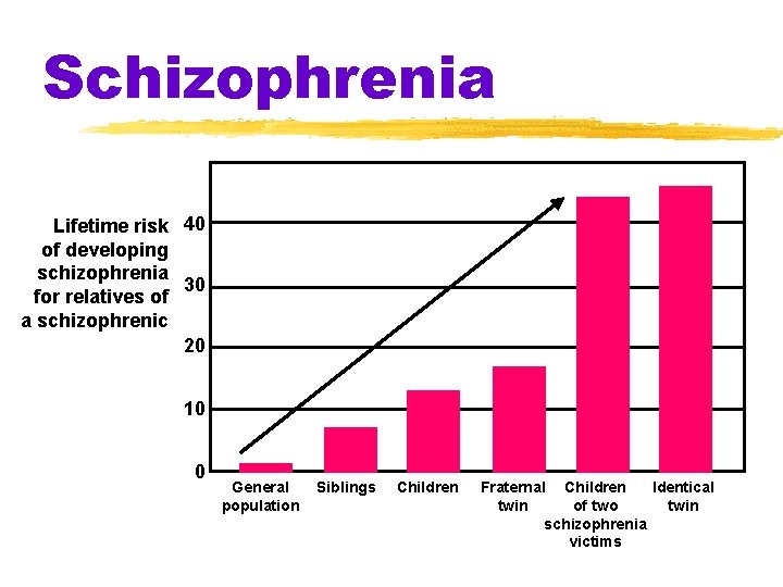 Schizophrenia Lifetime risk 40 of developing schizophrenia 30 for relatives of a schizophrenic 20 Schizophrenia Lifetime risk 40 of developing schizophrenia 30 for relatives of a schizophrenic 20