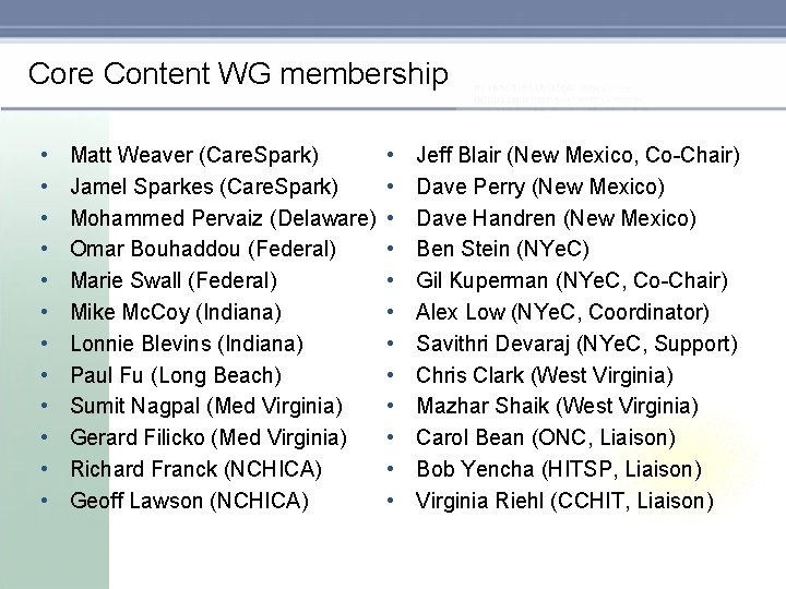 Core Content WG membership • • • Matt Weaver (Care. Spark) Jamel Sparkes (Care.