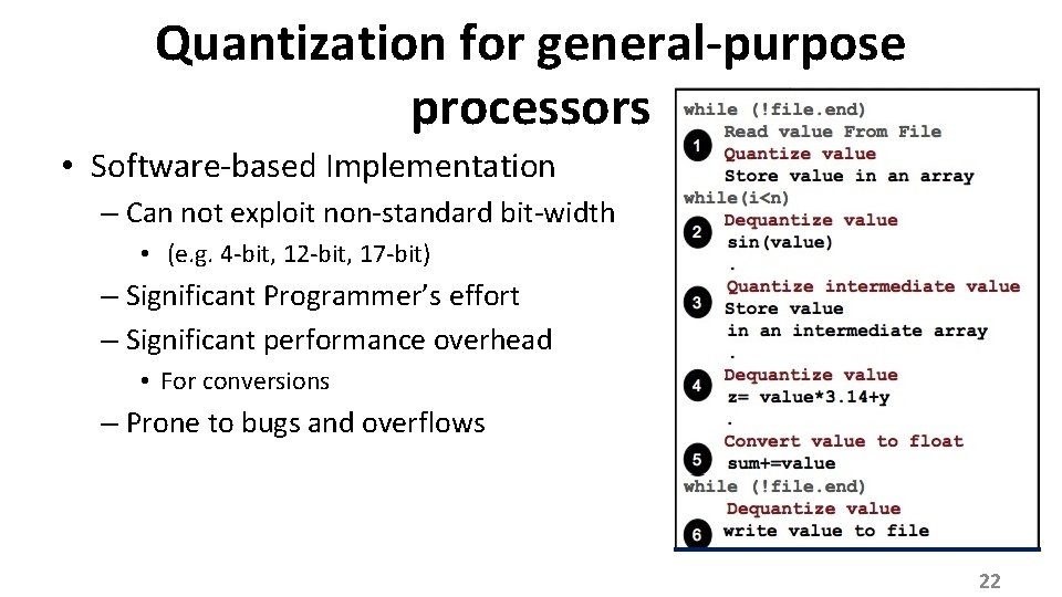 Quantization for general-purpose processors • Software-based Implementation – Can not exploit non-standard bit-width •