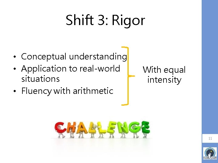 Shift 3: Rigor • Conceptual understanding • Application to real-world situations • Fluency with