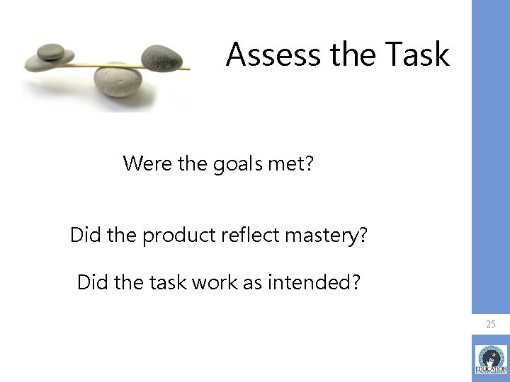 Assess the Task Were the goals met? Did the product reflect mastery? Did the