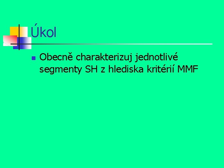 Úkol n Obecně charakterizuj jednotlivé segmenty SH z hlediska kritérií MMF 