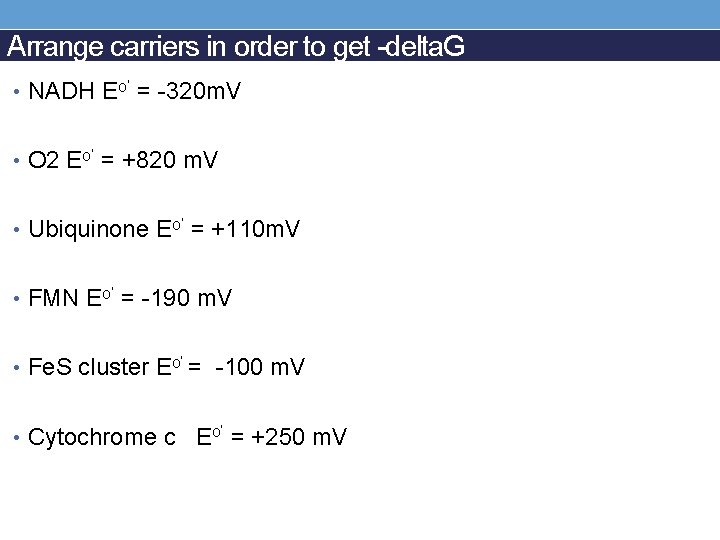 Arrange carriers in order to get -delta. G • NADH Eo’ = -320 m.