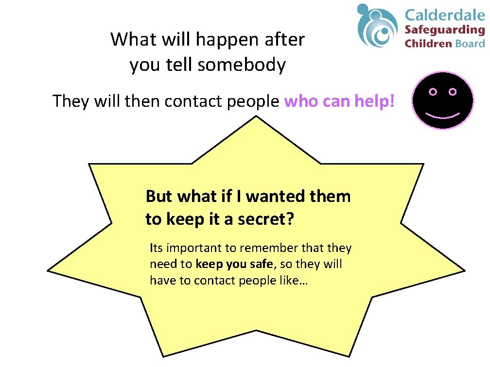 What will happen after you tell somebody They will then contact people who can