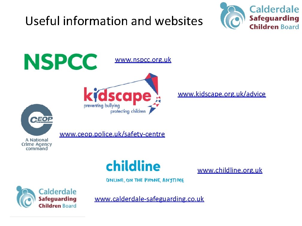 Useful information and websites www. nspcc. org. uk www. kidscape. org. uk/advice www. ceop.