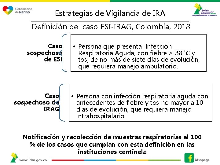 Estrategias de Vigilancia de IRA Definición de caso ESI-IRAG, Colombia, 2018 Caso sospechoso de