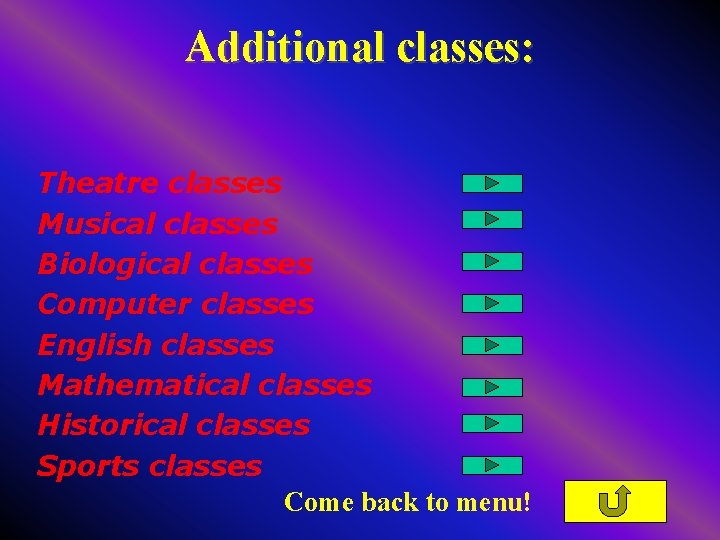 Additional classes: Theatre classes Musical classes Biological classes Computer classes English classes Mathematical classes