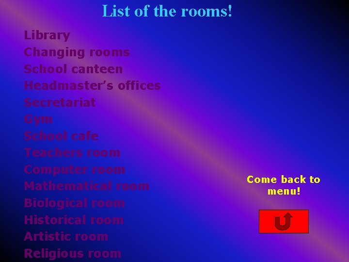 List of the rooms! Library Changing rooms School canteen Headmaster’s offices Secretariat Gym School