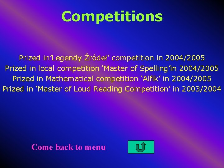 Competitions Prized in’Legendy Źródeł’ competition in 2004/2005 Prized in local competition ‘Master of Spelling’in