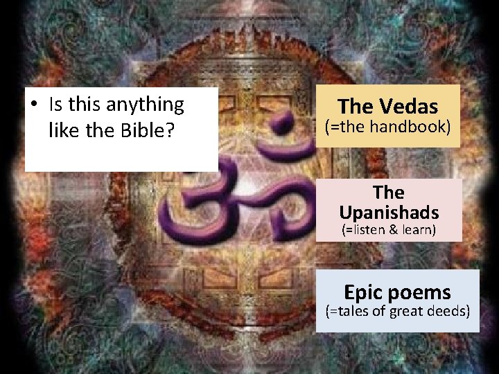  • Is this anything like the Bible? The Vedas (=the handbook) The Upanishads