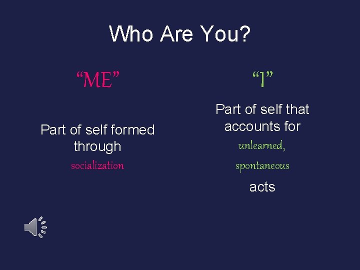 Who Are You? “ME” “I” Part of self formed through socialization Part of self