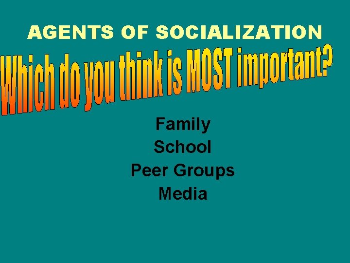 AGENTS OF SOCIALIZATION Family School Peer Groups Media 