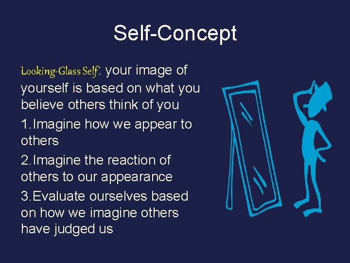 Self-Concept Looking-Glass Self: your image of yourself is based on what you believe others