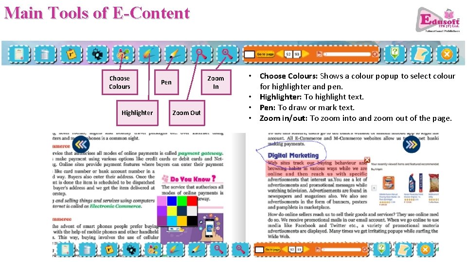 Main Tools of E-Content Choose Colours Highlighter Zoom In Pen Zoom Out • Choose