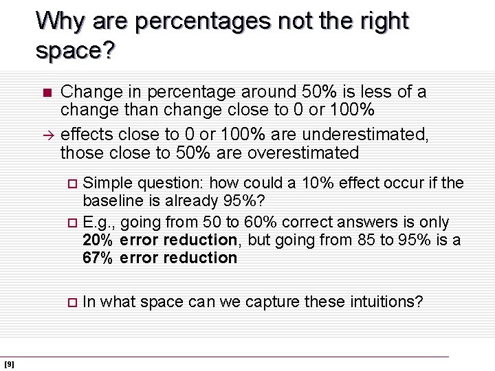 Why are percentages not the right space? Change in percentage around 50% is less