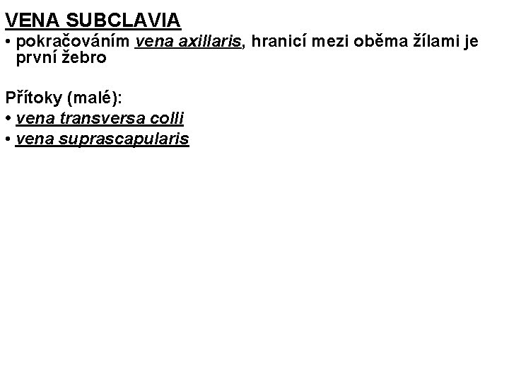 VENA SUBCLAVIA • pokračováním vena axillaris, hranicí mezi oběma žílami je první žebro Přítoky